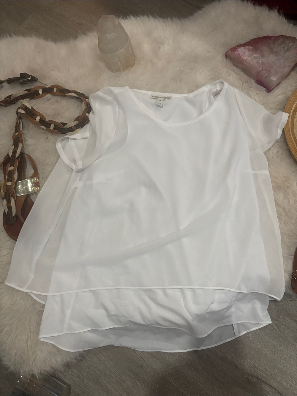 Dana Buchman White Sheer Layered Chiffon Short Sleeve Blouse